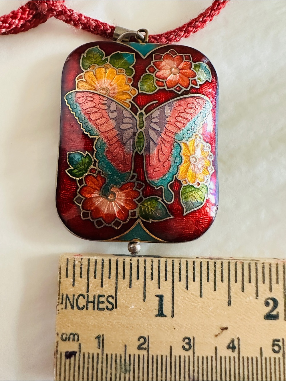 Vintage Cloisonné Pendant Necklace, Butterfly Floral, Red  Puffy 2 Sided - Picture 6 of 7